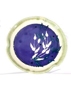 Studio Art Pottery Plate With Green Rim & Purple Floral Design 5.5" Signed